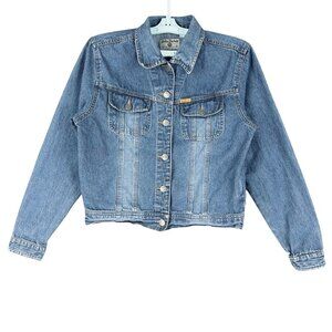 John Baner Women's Blue Denim Jacket Size 4 Button Front Flap Pockets Cotton